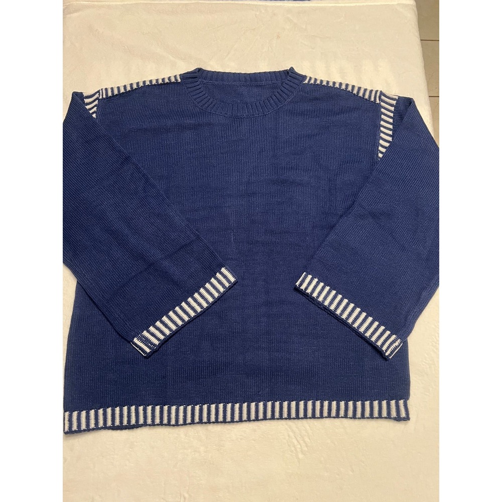 Navy Blue Striped Trim Crewneck Sweater XL Oversized Nautical Knit Pullover